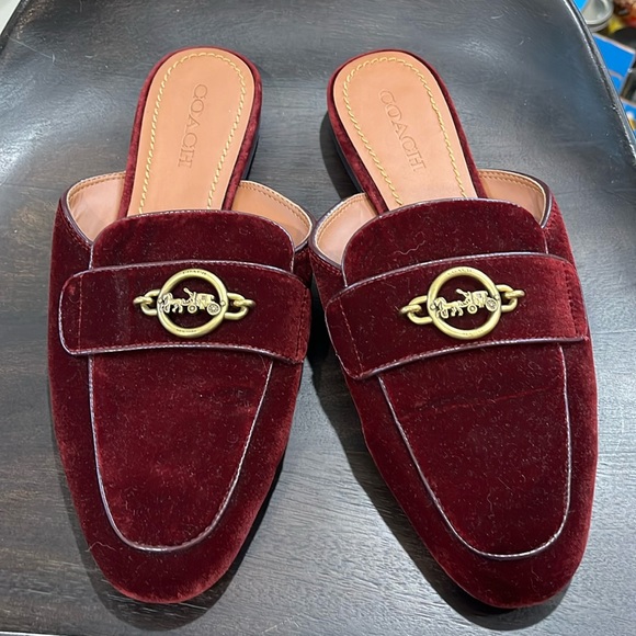 Coach Shoes - Coach Burgundy Velvet Mules with Gold Accent